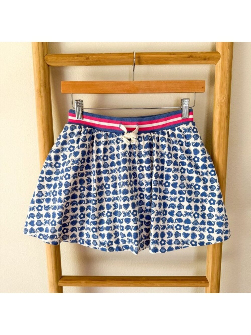 Mini Boden Girls Blue Print Skort Size 11-12Y Pink Stripe Waistband